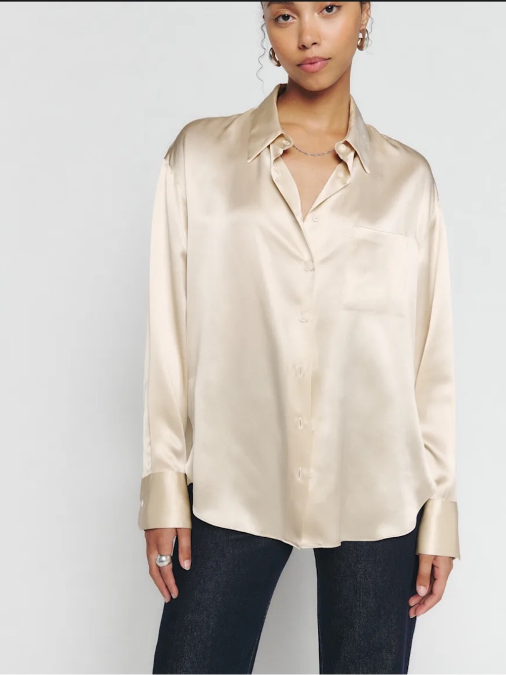 Reformation Silk Button-Down Shirt in Champagne Pearl